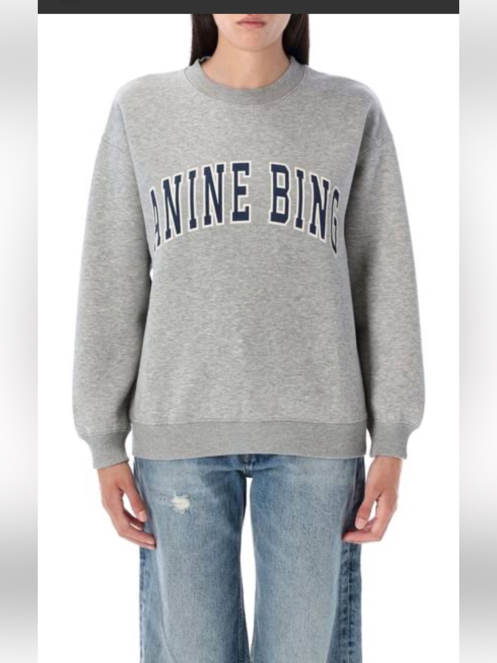 Anine Bing Heather Grey Crewneck Sweatshirt with Navy Logo